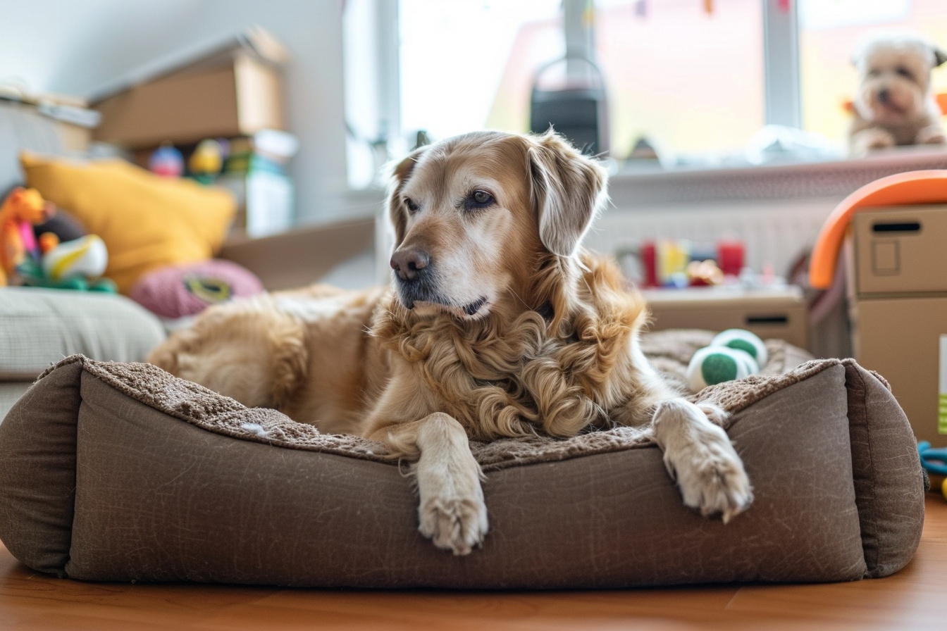 Vieux chien profitant paisiblement de son nouveau foyer à Amiens après un déménagement réussi